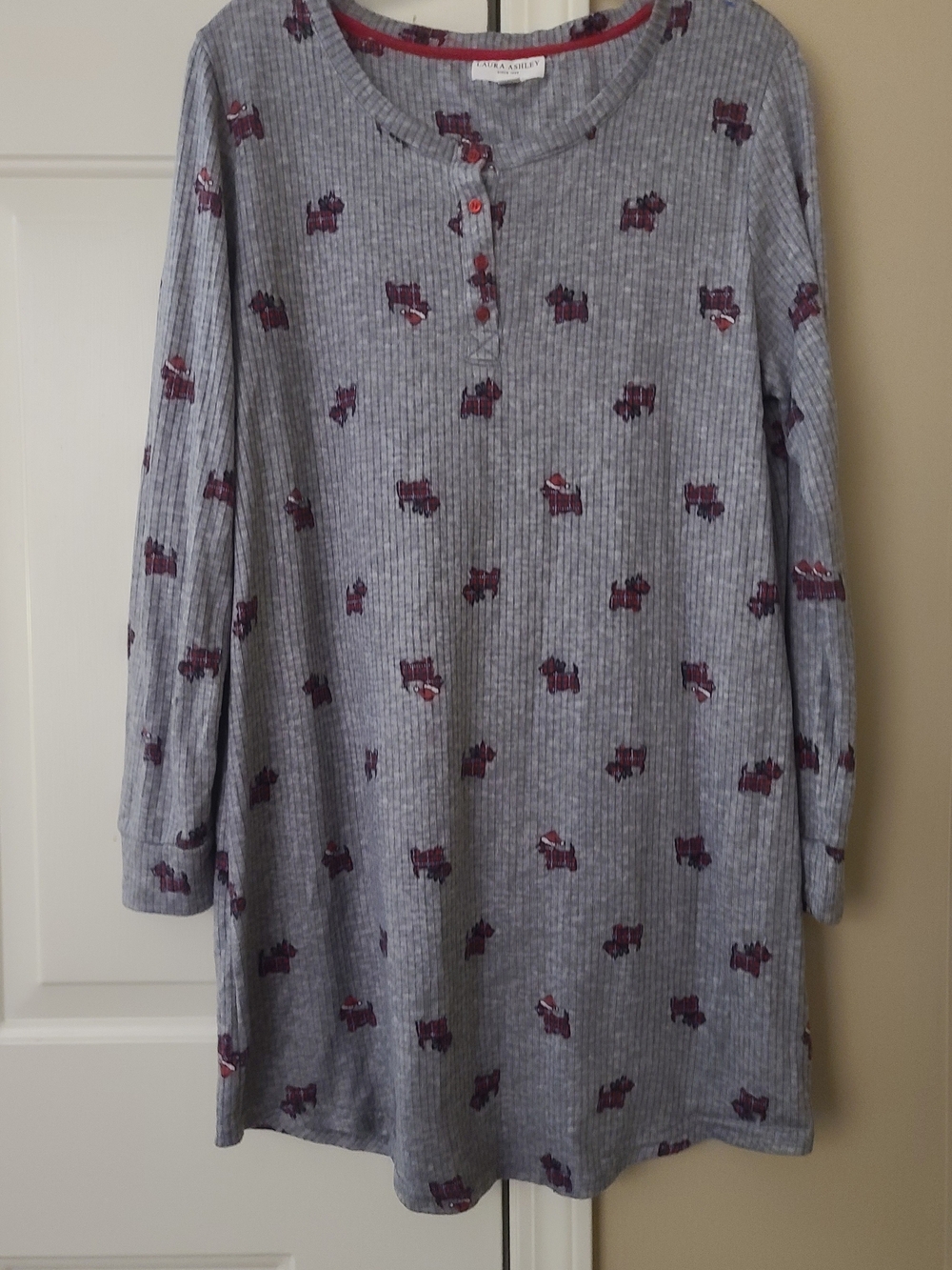 Laura Ashley Gray Ribbed Nightshirt with Burgundy Dog Print